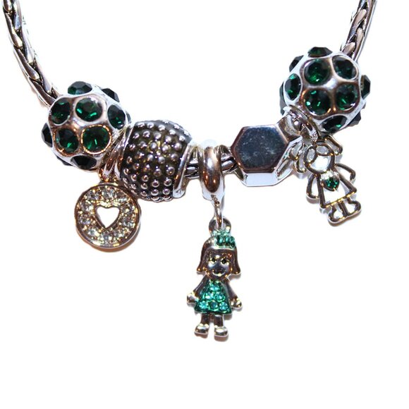 DaVinci Charm Bracelet 8" 7 Beads - Daughter Heart Girl Silver Emerald Green CZ - Picture 2 of 3